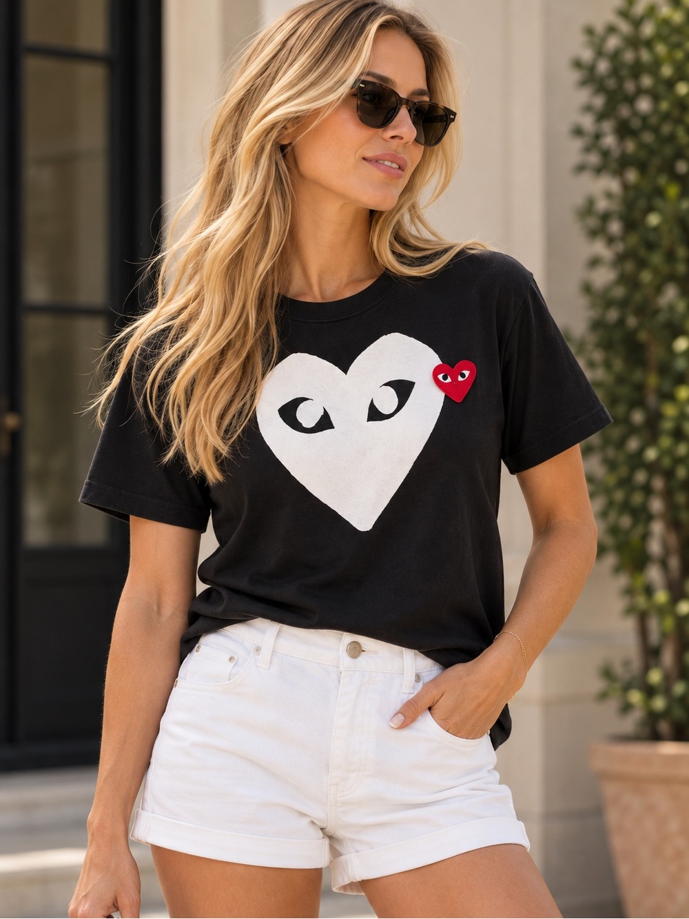 Comme des Garçons Black Tee with White & Red Heart Motif